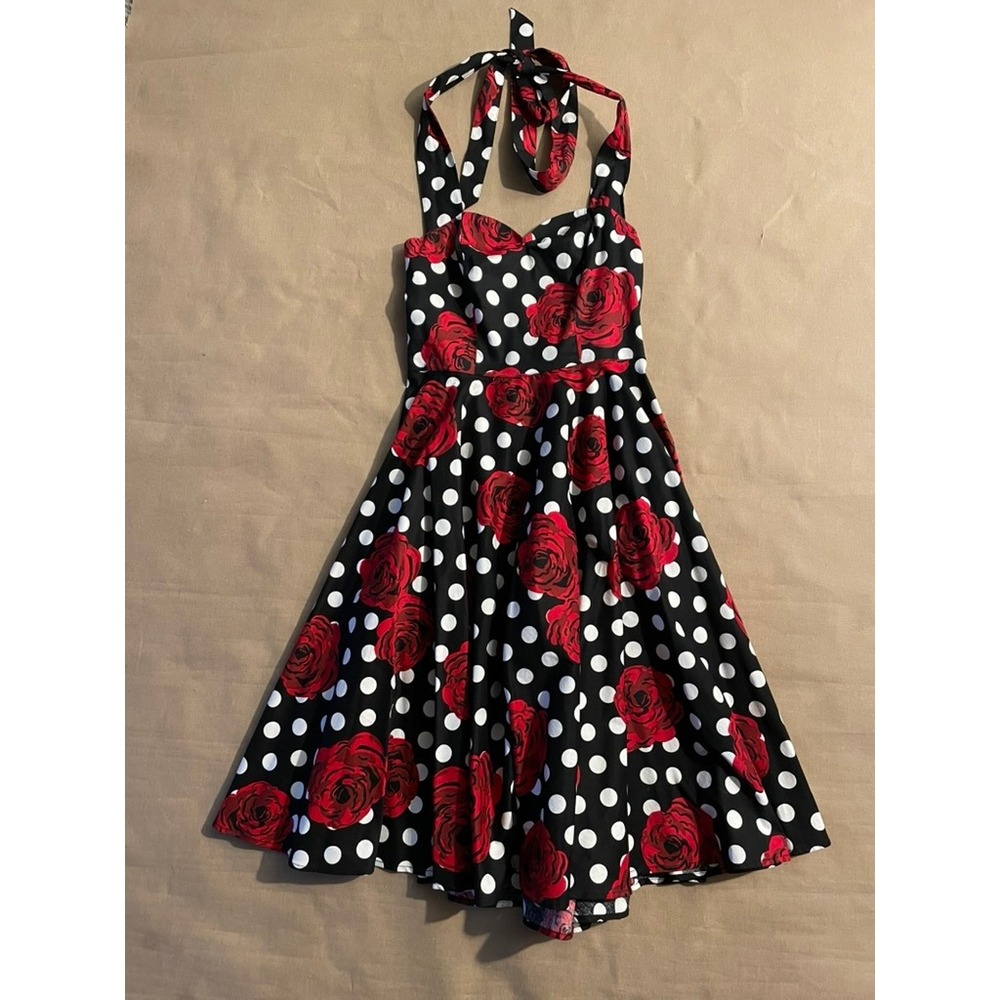 NWT Grace Karin Retro Halter Dress Sz M Polka Dot Roses Pin Up Rockabilly